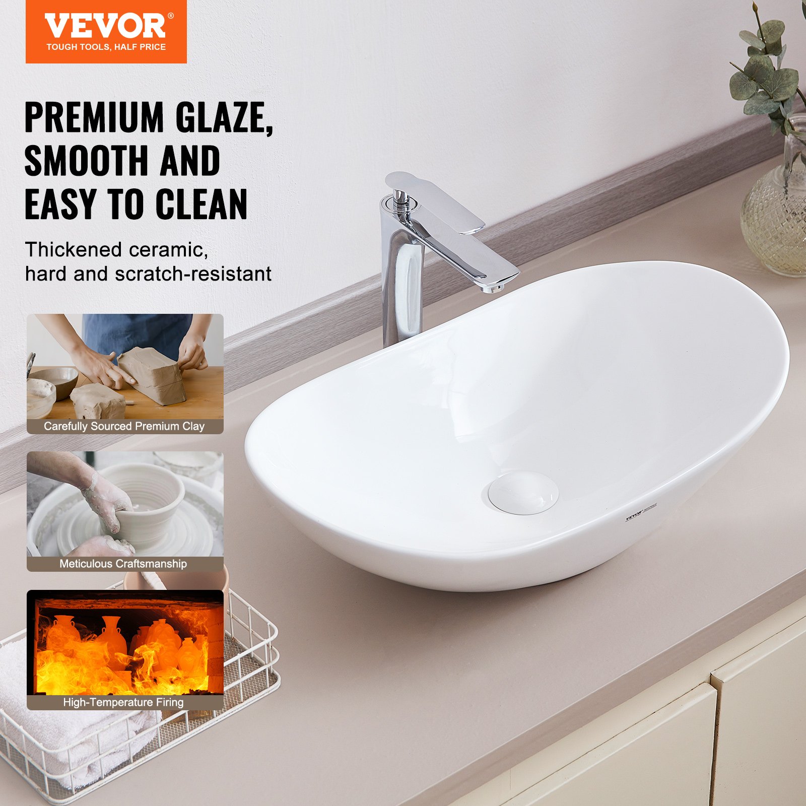VEVOR Oval Vessel Sink, 60x36cm Bathroom Vessel Sink Bowl Countertop, White Ceramic Bathroom Sinks Above Counter, Bowl Sink with Modern Style, Well-Packaged for Bathroom, Hotel, Toilet, RV