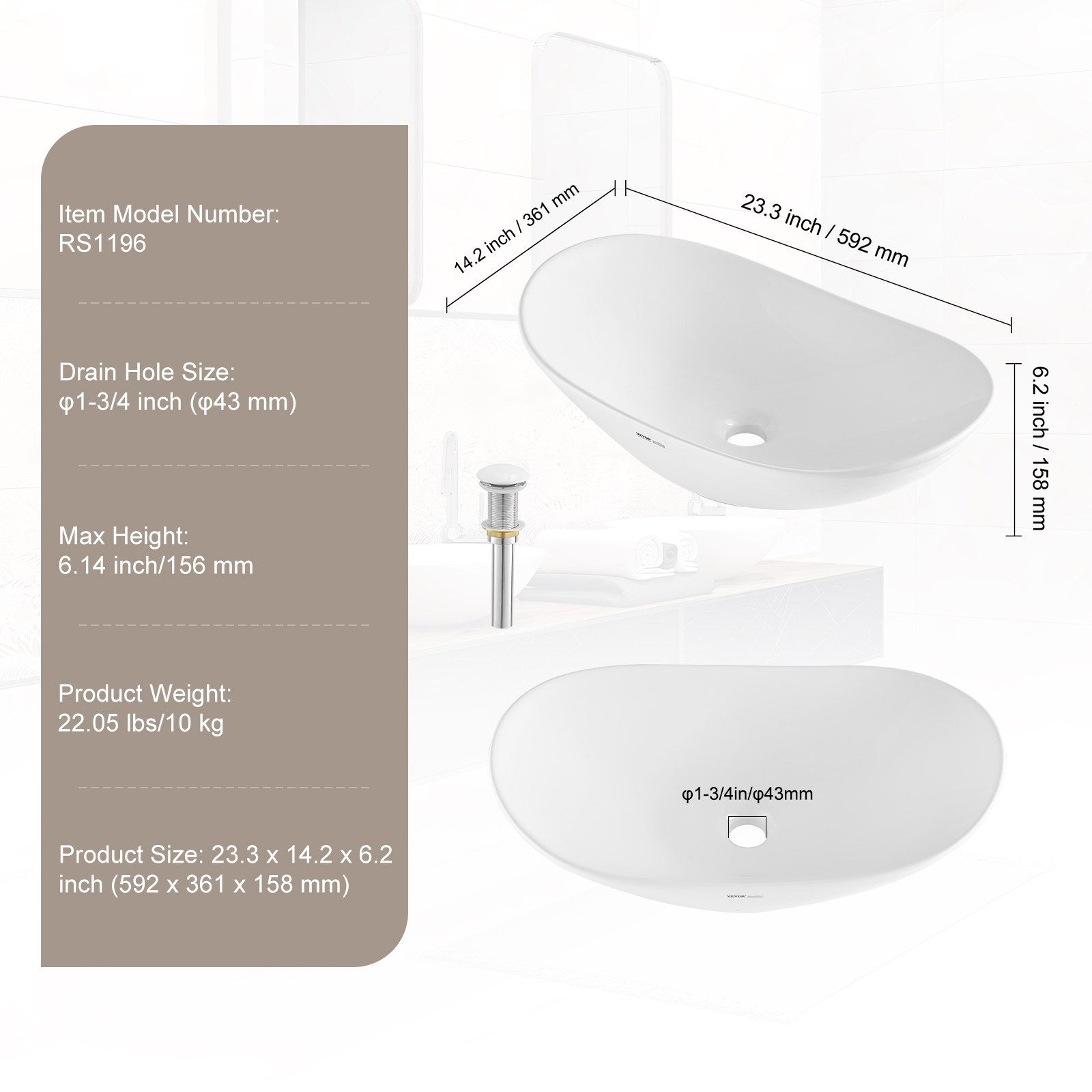 VEVOR Oval Vessel Sink, 60x36cm Bathroom Vessel Sink Bowl Countertop, White Ceramic Bathroom Sinks Above Counter, Bowl Sink with Modern Style, Well-Packaged for Bathroom, Hotel, Toilet, RV