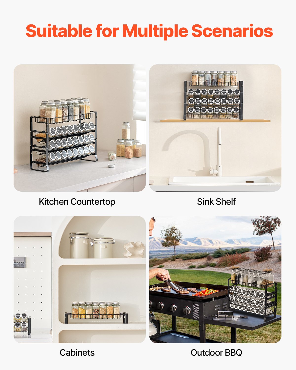 VEVOR Detachable Spice Rack Organizer for Cabinet, 4 Tie Stackable Seasoning Organizer, Spice Jars Kitchen Storage for Countertop Kitchen Pantry Cupboard, 15.8x10.7 in