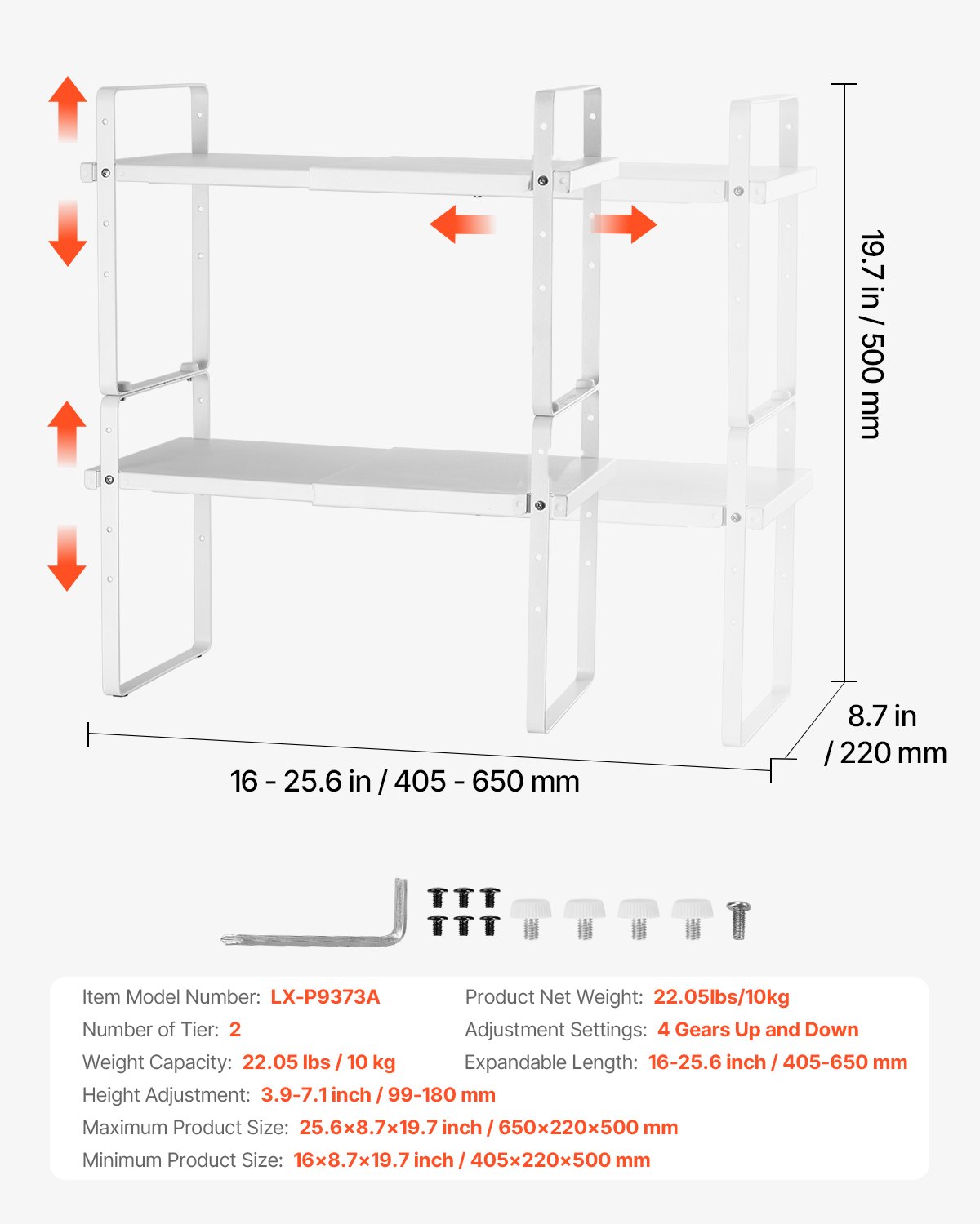 VEVOR Adjustable Kitchen Cabinet Shelf Organizer, Expandable 2 Tier Cabinet Shelf, Stackable Countertop Organizers and Storage Shelf Risers, Pantry Organizers for Kitchen Bathroom Office, White