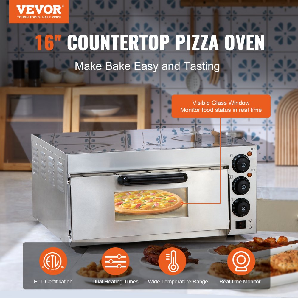 VEVOR Electric Countertop Pizza Oven 16-inch 1700W with Adjustable Temp and  Time