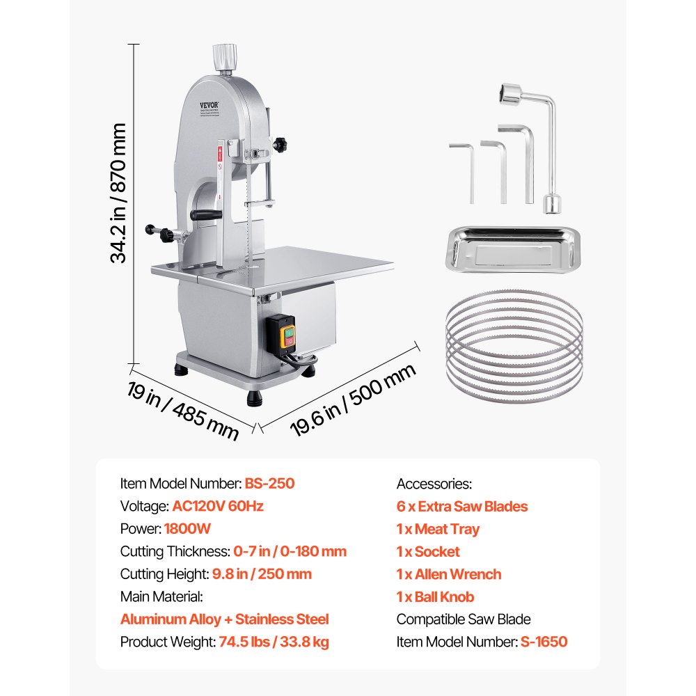 VEVOR Commercial Electric Meat Bandsaw, 1800W Stainless Steel Countertop Bone Sawing Machine, Workbeach 15" x 19.1", 7.09 Inch Max Cutting Thickness, Frozen Meat Cutter with 5 Blades for Rib Pork Beef
