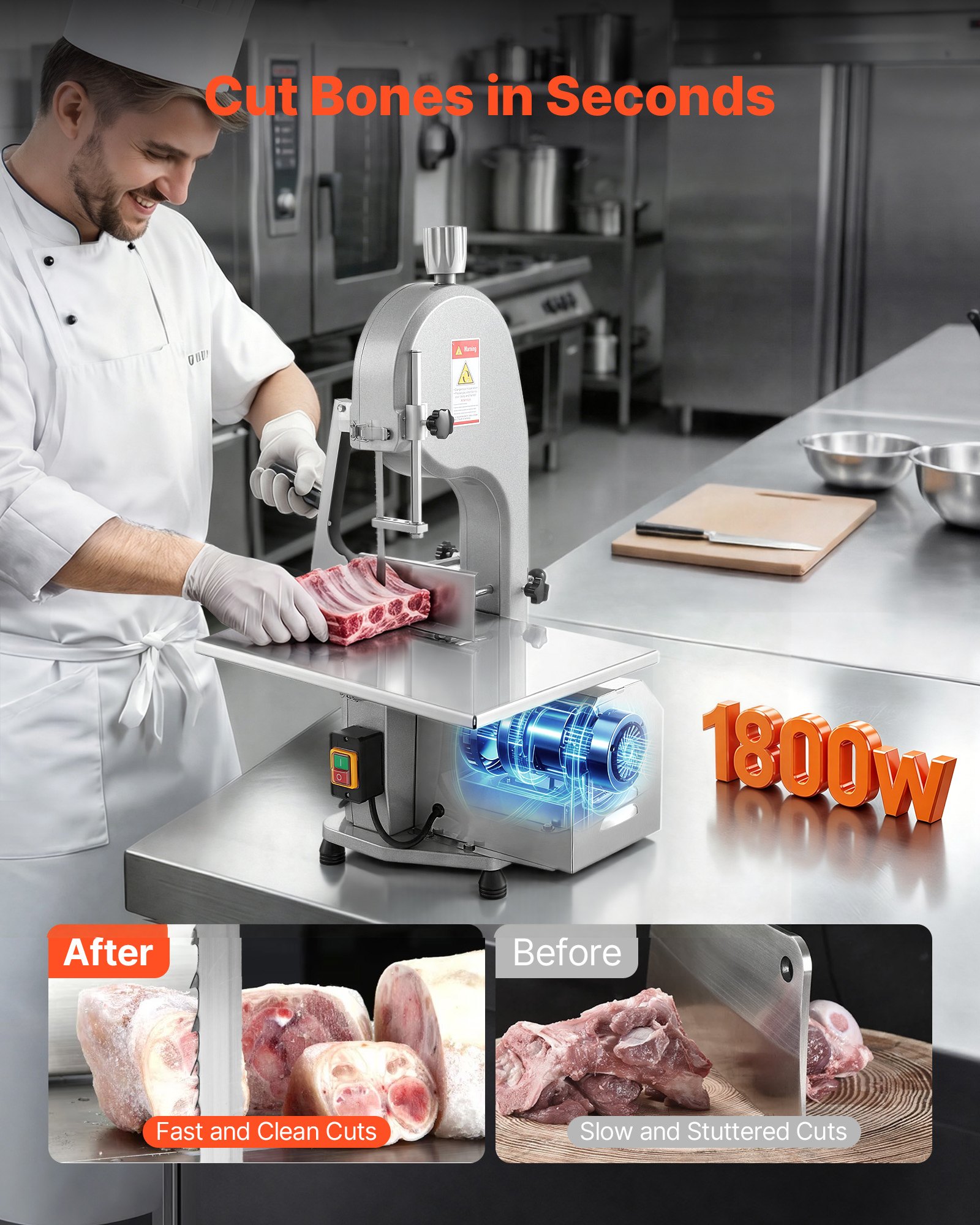VEVOR Commercial Electric Meat Bandsaw, 1800W Stainless Steel Countertop Bone Sawing Machine, Workbeach 15" x 19.1", 7.09 Inch Max Cutting Thickness, Frozen Meat Cutter with 5 Blades for Rib Pork Beef