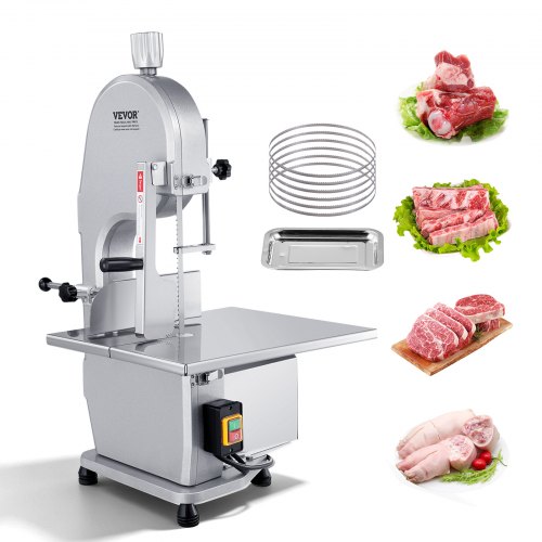 VEVOR Commercial Electric Meat Bandsaw, 1800W Stainless Steel Countertop Bone Sawing Machine, 380 x 485 mm Workbench, 180 mm Max Cutting Thickness, Frozen Meat Cutter with 5 Blades for Rib Pork Beef