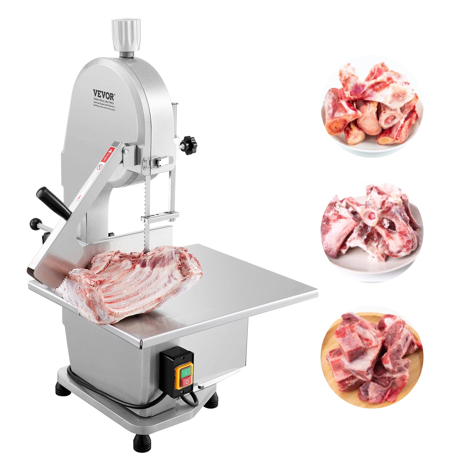 VEVOR Commercial Electric Meat Bandsaw, 1800W Stainless Steel Countertop Bone Sawing Machine, 380 x 485 mm Workbench, 180 mm Max Cutting Thickness, Frozen Meat Cutter with 5 Blades for Rib Pork Beef