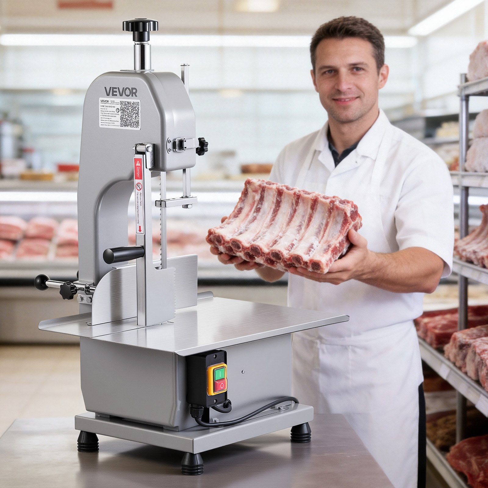 VEVOR Commercial Electric Meat Bandsaw, 650W Stainless Steel Countertop Meat Sawing Machine, Workbench 315 x 460 mm, 110 mm Max Cutting Thickness, Frozen Fish Cutter for Rib Pork Beef