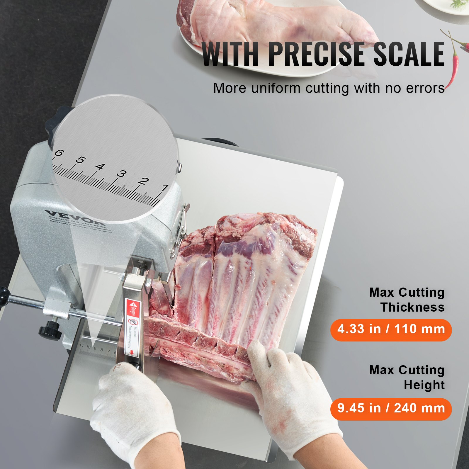 VEVOR Commercial Electric Meat Bandsaw, 650W Stainless Steel Countertop Meat Sawing Machine, Workbench 315 x 460 mm, 110 mm Max Cutting Thickness, Frozen Fish Cutter for Rib Pork Beef