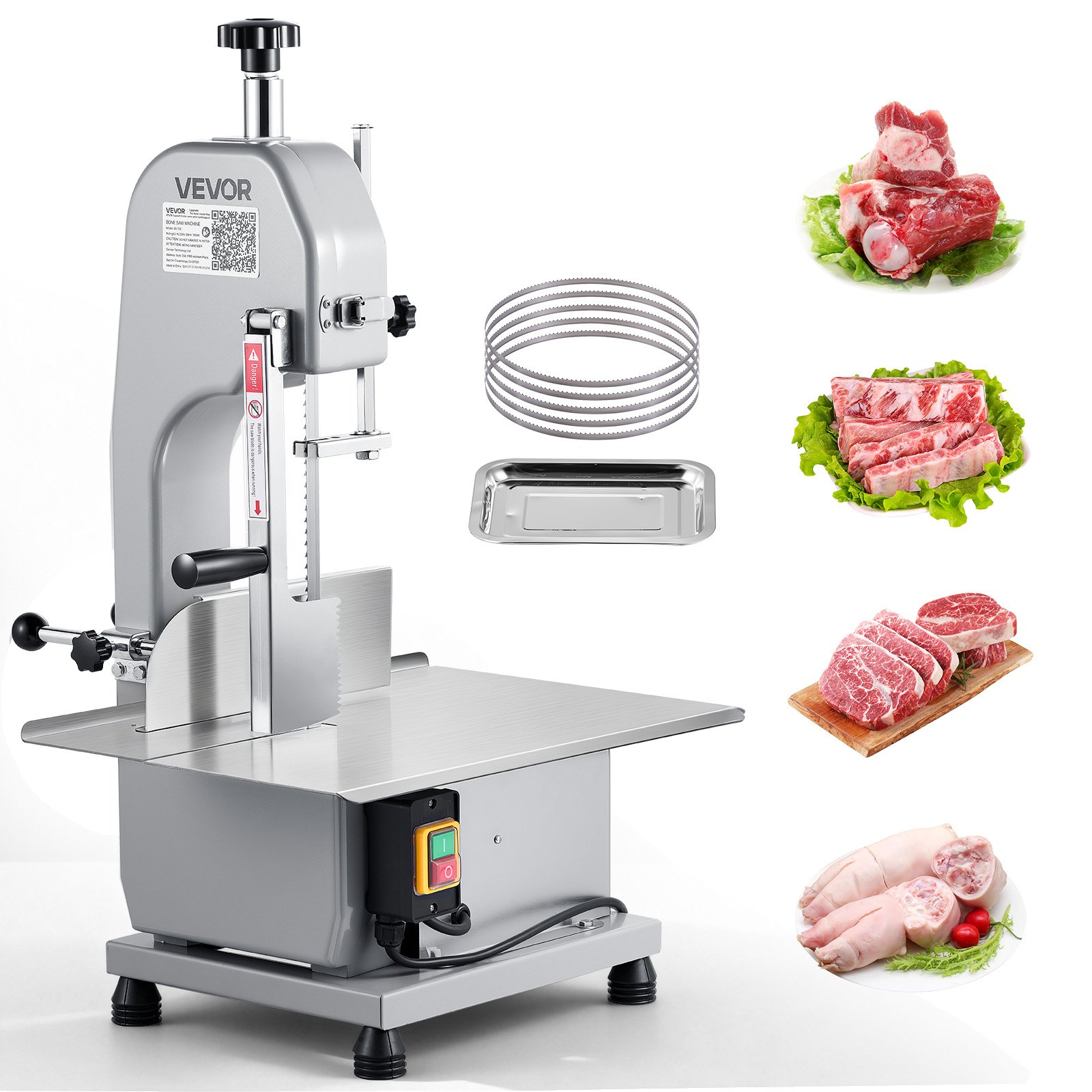 VEVOR Commercial Electric Meat Bandsaw, 650W Stainless Steel Countertop Meat Sawing Machine, Workbench 315 x 460 mm, 110 mm Max Cutting Thickness, Frozen Fish Cutter for Rib Pork Beef