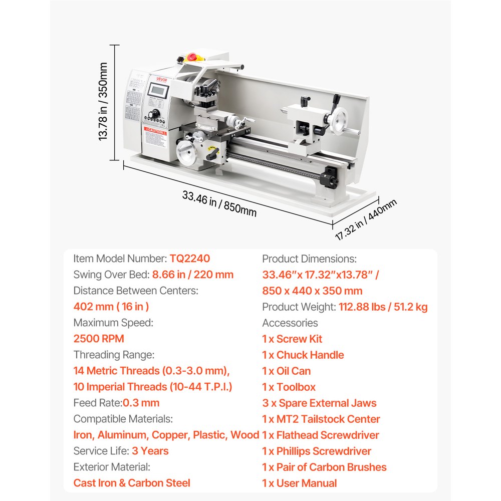 VEVOR Metal Lathe 8 x 16 in 650W Benchtop Lathe Machine Variable Speed, 2500 RPM Max Speed with Metal Gear, Reversible Direction, 14 Metric 10 Imperial Threads, for Precision Metalworking Turning