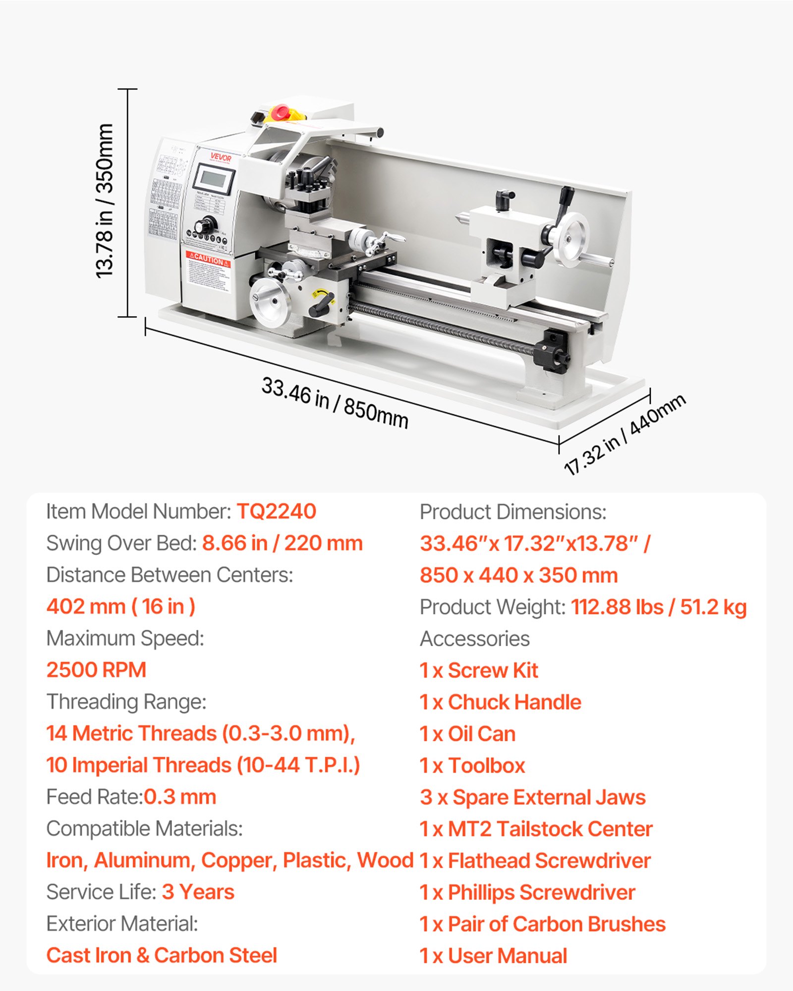 VEVOR Metal Lathe 8 x 16 in 650W Benchtop Lathe Machine Variable Speed, 2500 RPM Max Speed with Metal Gear, Reversible Direction, 14 Metric 10 Imperial Threads, for Precision Metalworking Turning
