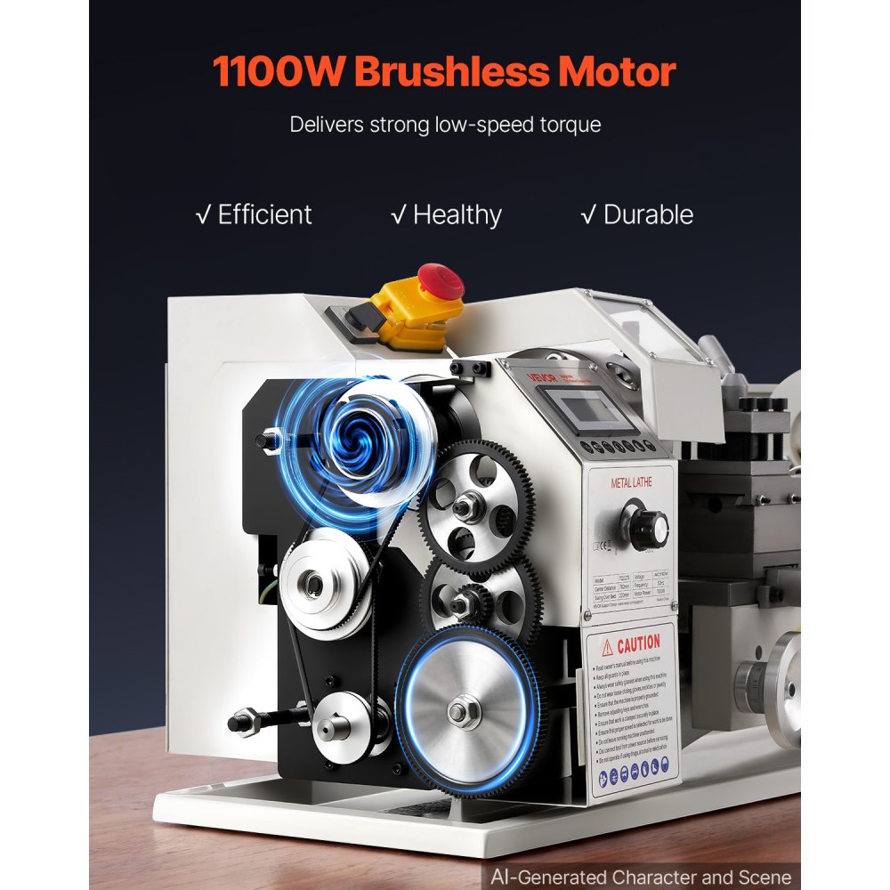 VEVOR Metal Lathe 8.7 x 30 in 1100W Benchtop Lathe Machine Variable Speed, 3000 RPM Max Spindle Speed, with Metal Gear, Brushless Motor, 8 Metric 8 Imperial Threads, for Metalworking Threading Turning