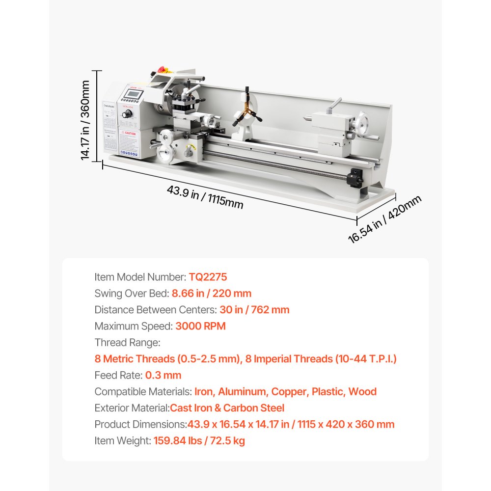 VEVOR Metal Lathe 8.7 x 30 in 1100W Benchtop Lathe Machine Variable Speed, 3000 RPM Max Spindle Speed, with Metal Gear, Brushless Motor, 8 Metric 8 Imperial Threads, for Metalworking Threading Turning