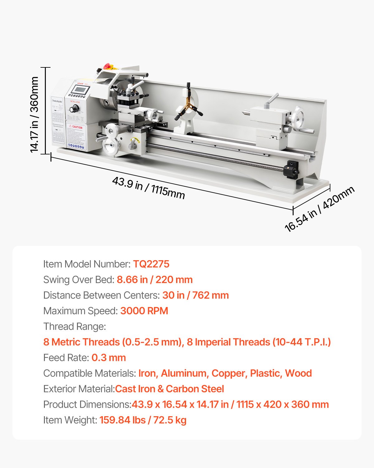 VEVOR Metal Lathe 8.7 x 30 in 1100W Benchtop Lathe Machine Variable Speed, 3000 RPM Max Spindle Speed, with Metal Gear, Brushless Motor, 8 Metric 8 Imperial Threads, for Metalworking Threading Turning