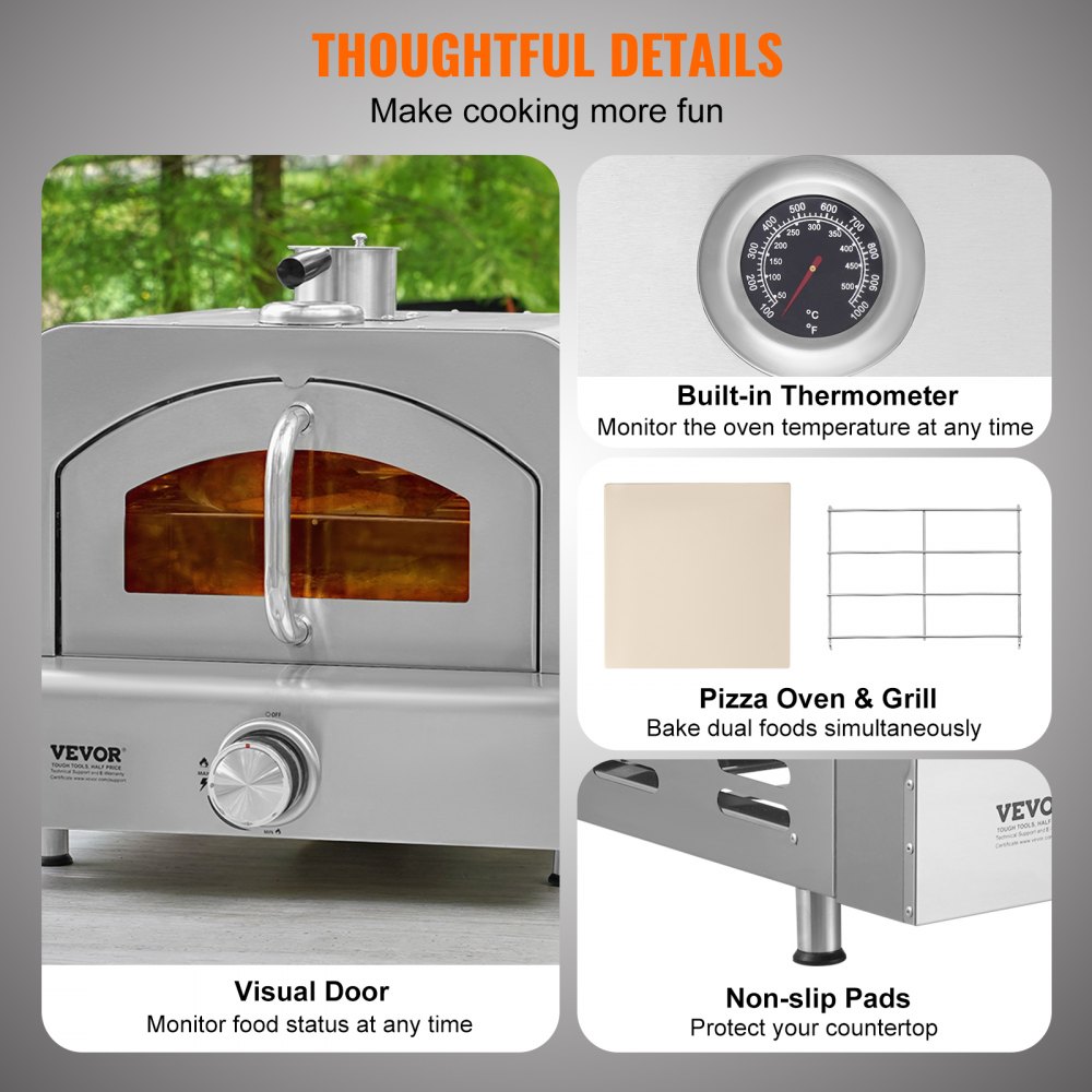 VEVOR Outdoor Pizza Oven, 13" Gas Fired Pizza Maker, Portable Outside Pizza Grill with Thickened Cordierite Pizza Stone and Built-in Thermometer, 430 Stainless Steel Gas Oven for Camping & Backyard