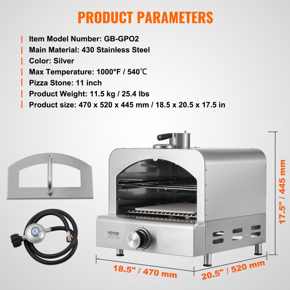 VEVOR Outdoor Pizza Oven, 13" Gas Fired Pizza Maker, Portable Outside Pizza Grill with Thickened Cordierite Pizza Stone and Built-in Thermometer, 430 Stainless Steel Gas Oven for Camping & Backyard