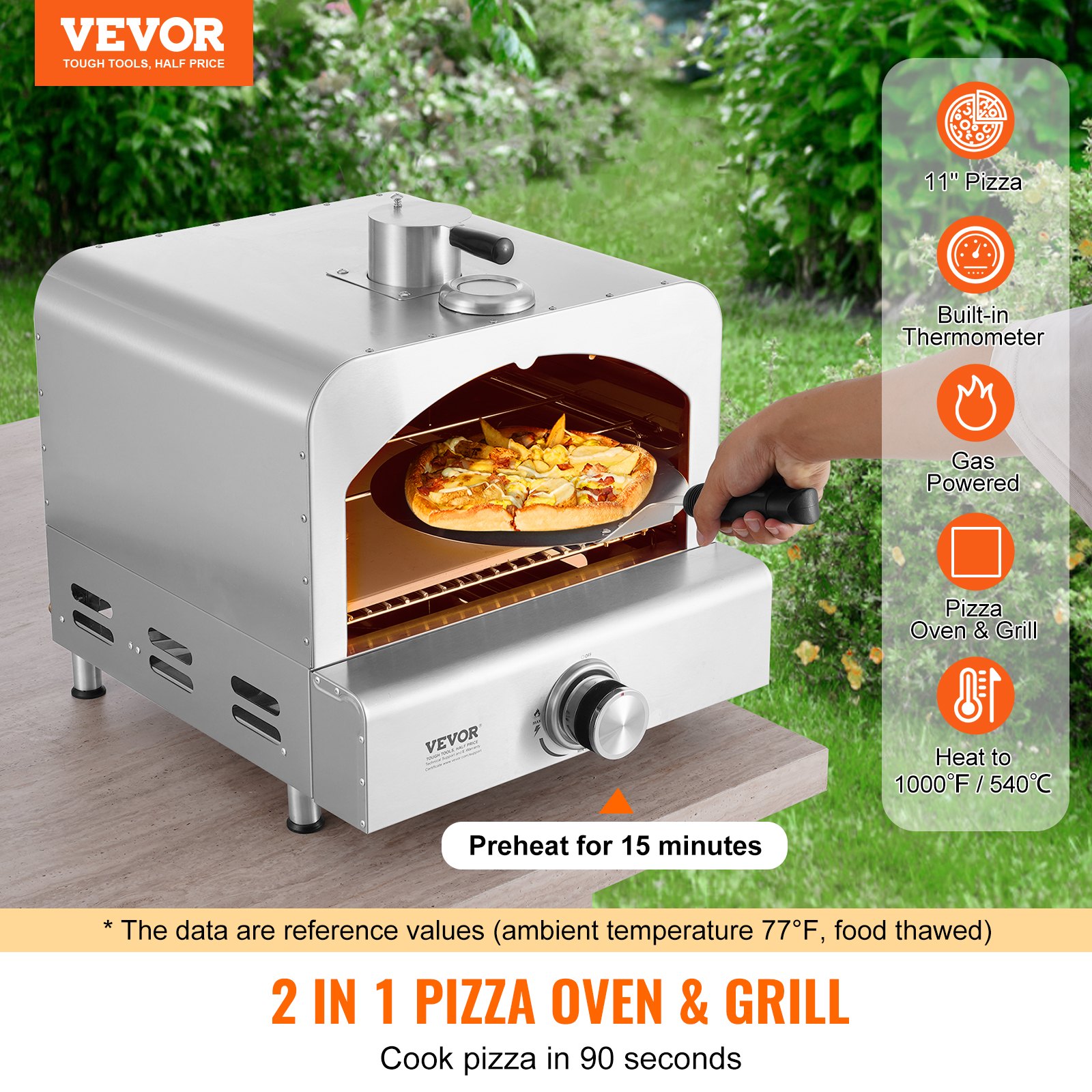 VEVOR Outdoor Pizza Oven, 13" Gas Fired Pizza Maker, Portable Outside Pizza Grill with Thickened Cordierite Pizza Stone and Built-in Thermometer, 430 Stainless Steel Gas Oven for Camping & Backyard