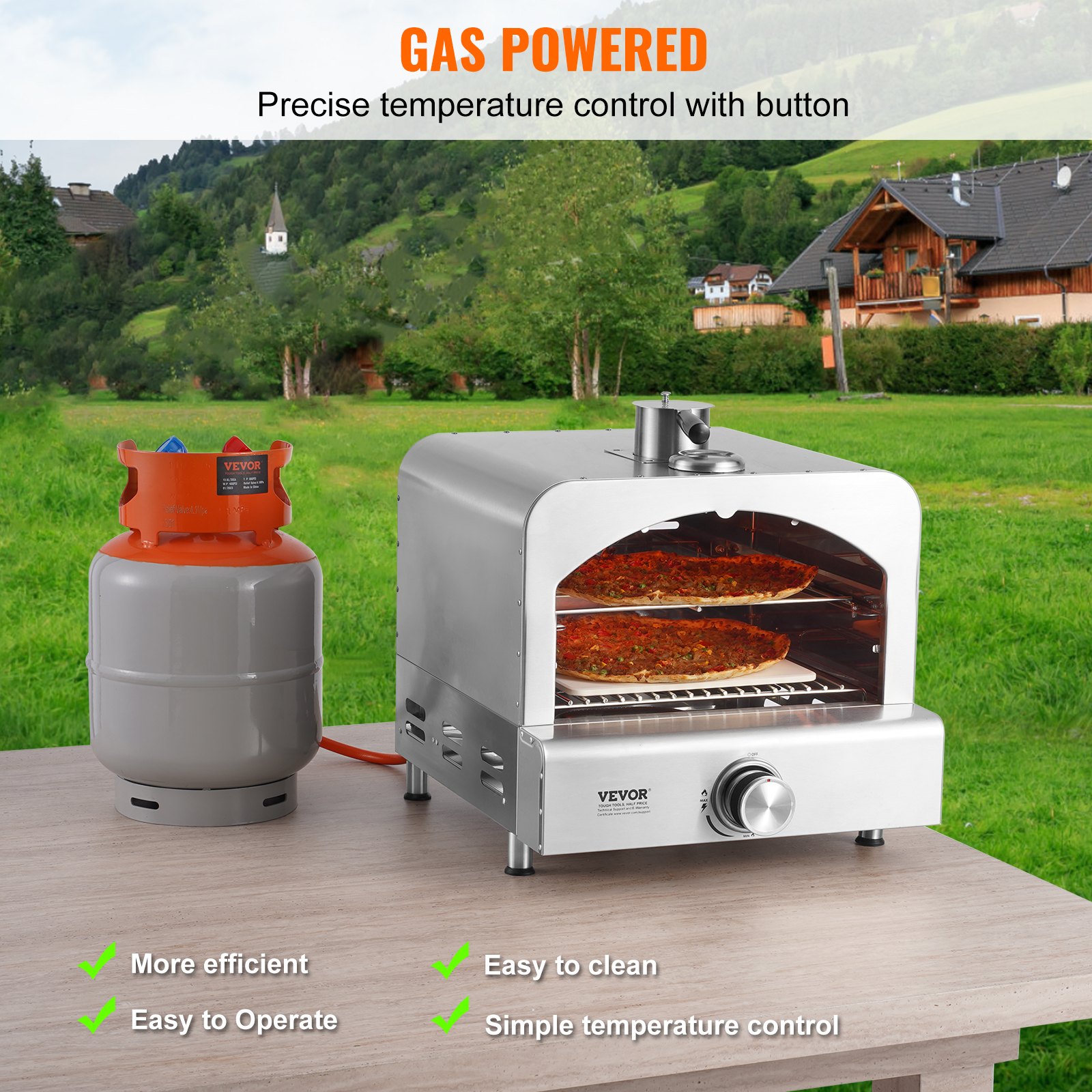 VEVOR Outdoor Pizza Oven, 13" Gas Fired Pizza Maker, Portable Outside Pizza Grill with Thickened Cordierite Pizza Stone and Built-in Thermometer, 430 Stainless Steel Gas Oven for Camping & Backyard