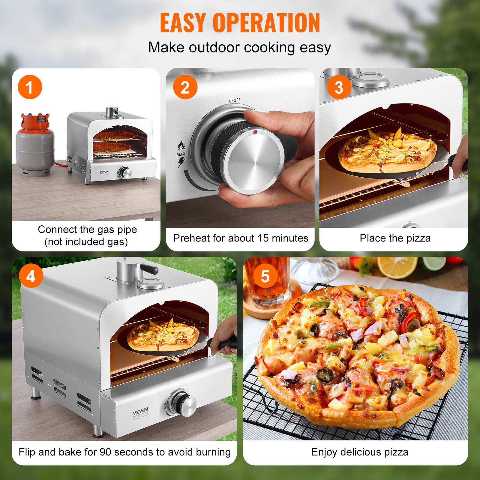 VEVOR Outdoor Pizza Oven, 13" Gas Fired Pizza Maker, Portable Outside Pizza Grill with Thickened Cordierite Pizza Stone and Built-in Thermometer, 430 Stainless Steel Gas Oven for Camping & Backyard