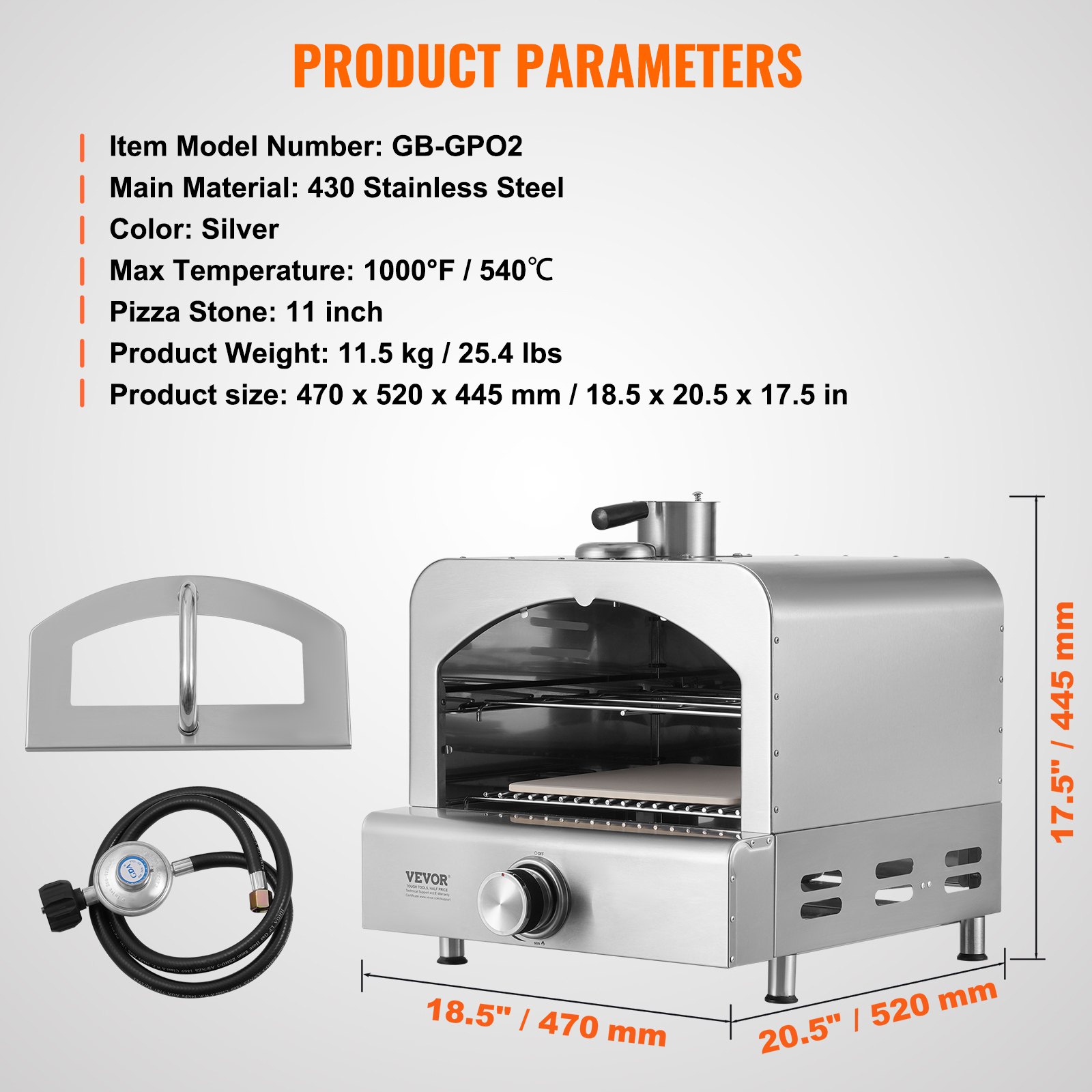 VEVOR Outdoor Pizza Oven, 13" Gas Fired Pizza Maker, Portable Outside Pizza Grill with Thickened Cordierite Pizza Stone and Built-in Thermometer, 430 Stainless Steel Gas Oven for Camping & Backyard