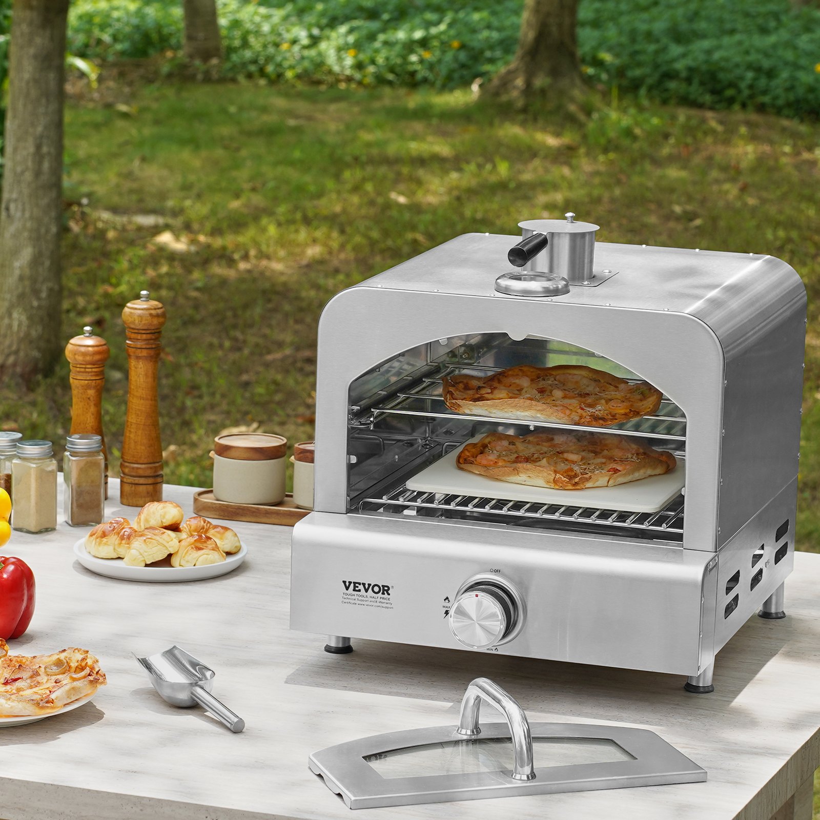 VEVOR Outdoor Pizza Oven, 13" Gas Fired Pizza Maker, Portable Outside Pizza Grill with Thickened Cordierite Pizza Stone and Built-in Thermometer, 430 Stainless Steel Gas Oven for Camping & Backyard