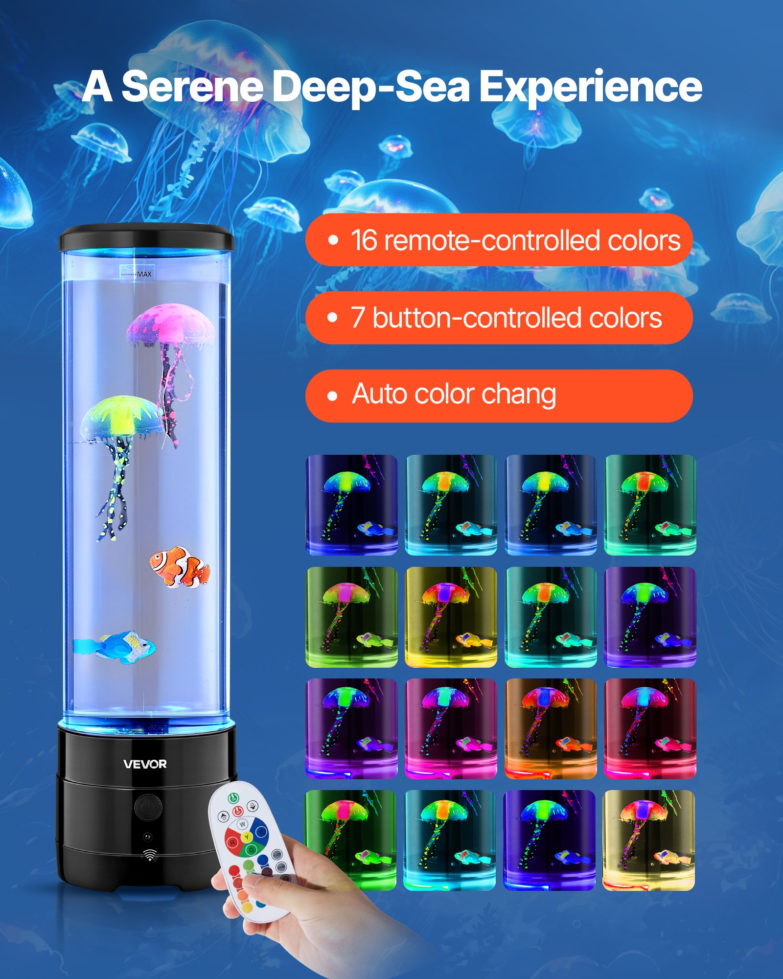 VEVOR Sensory Bubble Tube Lamp 16 Remote-controlled Color Water Fish Lamp 382mm