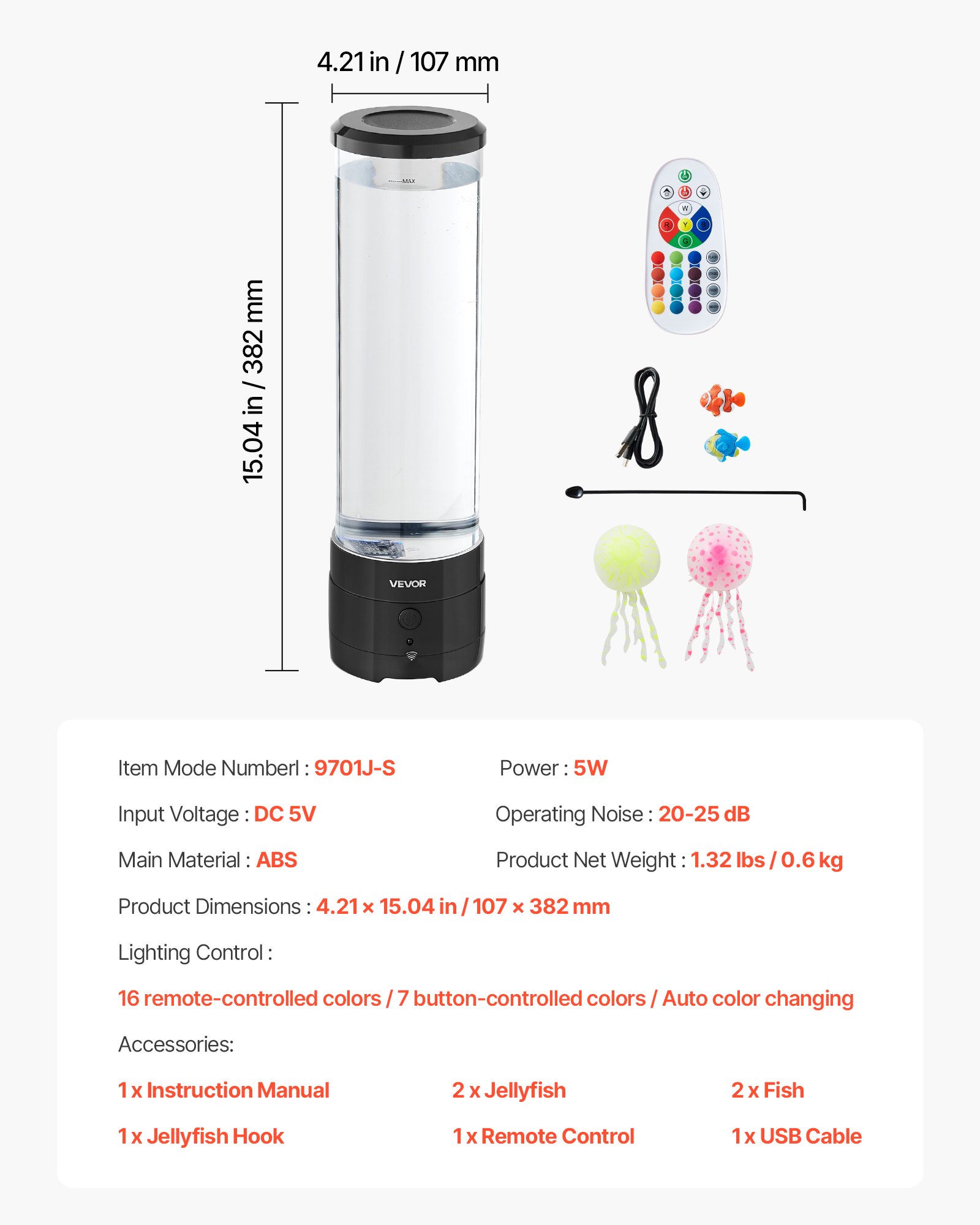 VEVOR Sensory Bubble Tube Lamp 16 Remote-controlled Color Water Fish Lamp 382mm