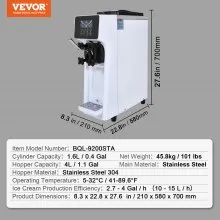 VEVOR Commercial Ice Cream Machine, 10.6 QT/H Yield, 1000W Single Flavor Countertop Soft Serve Ice Cream Maker, with 4L Hopper 1.6L Cylinder, LCD Panel Auto Clean Pre-cooling, for Restaurant Snack Bar