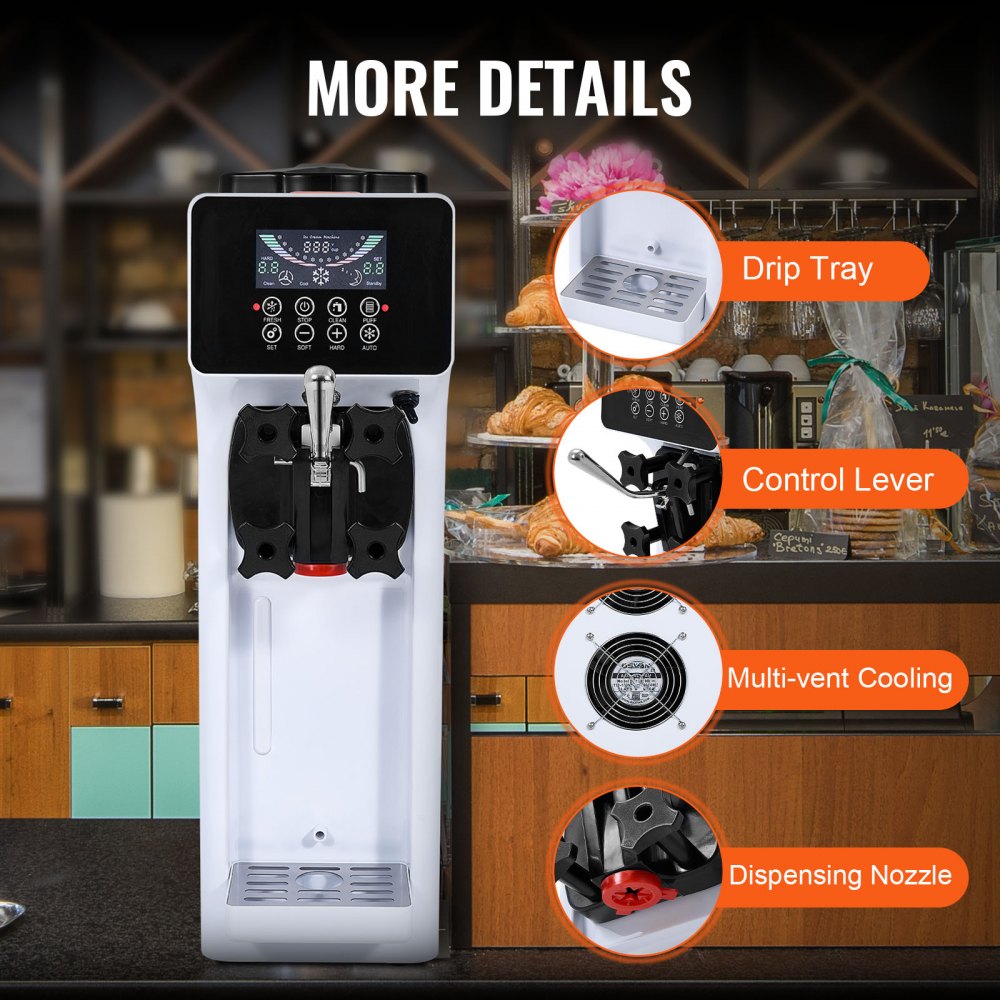 VEVOR Commercial Ice Cream Machine, 10L/H Yield, 900W Single Flavor Countertop Soft Serve Ice Cream Maker, with 4L Hopper 1.6L Cylinder, LCD Panel Auto Clean Pre-cooling, for Restaurant Snack Bar