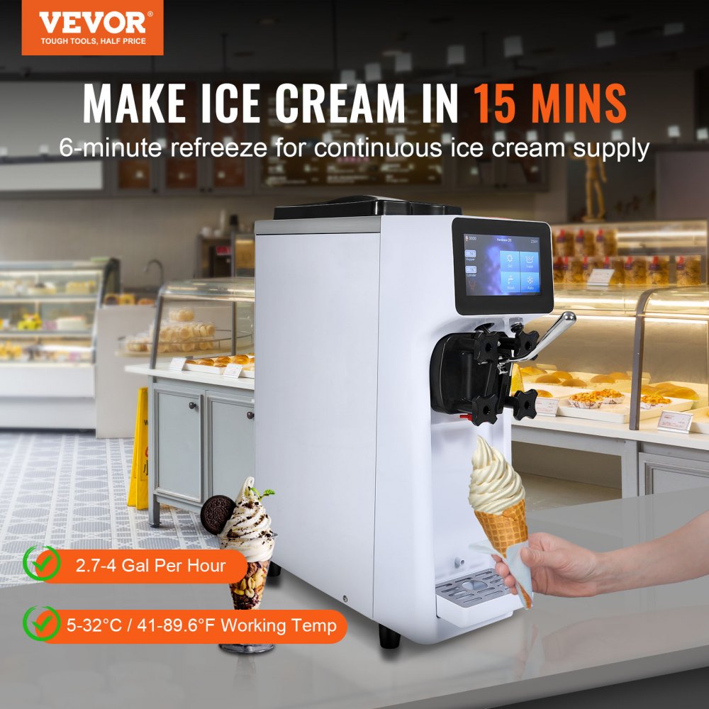 VEVOR Commercial Ice Cream Machine, 10L/H Yield, 900W Single Flavor Countertop Soft Serve Ice Cream Maker, 4L Hopper 1.6L Cylinder, Touch Screen Auto Clean Pre-cooling, for Restaurant Snack Bar