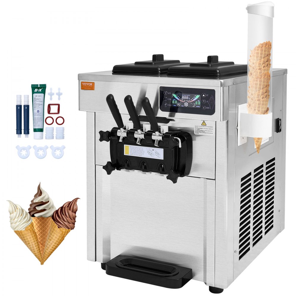 VEVOR commercial ice cream machine with triple nozzles, control panel, and cone dispenser. accessories included.