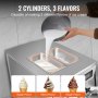 VEVOR commercial ice cream machine with 2 cylinders, pouring mix, 3 flavor options displayed.