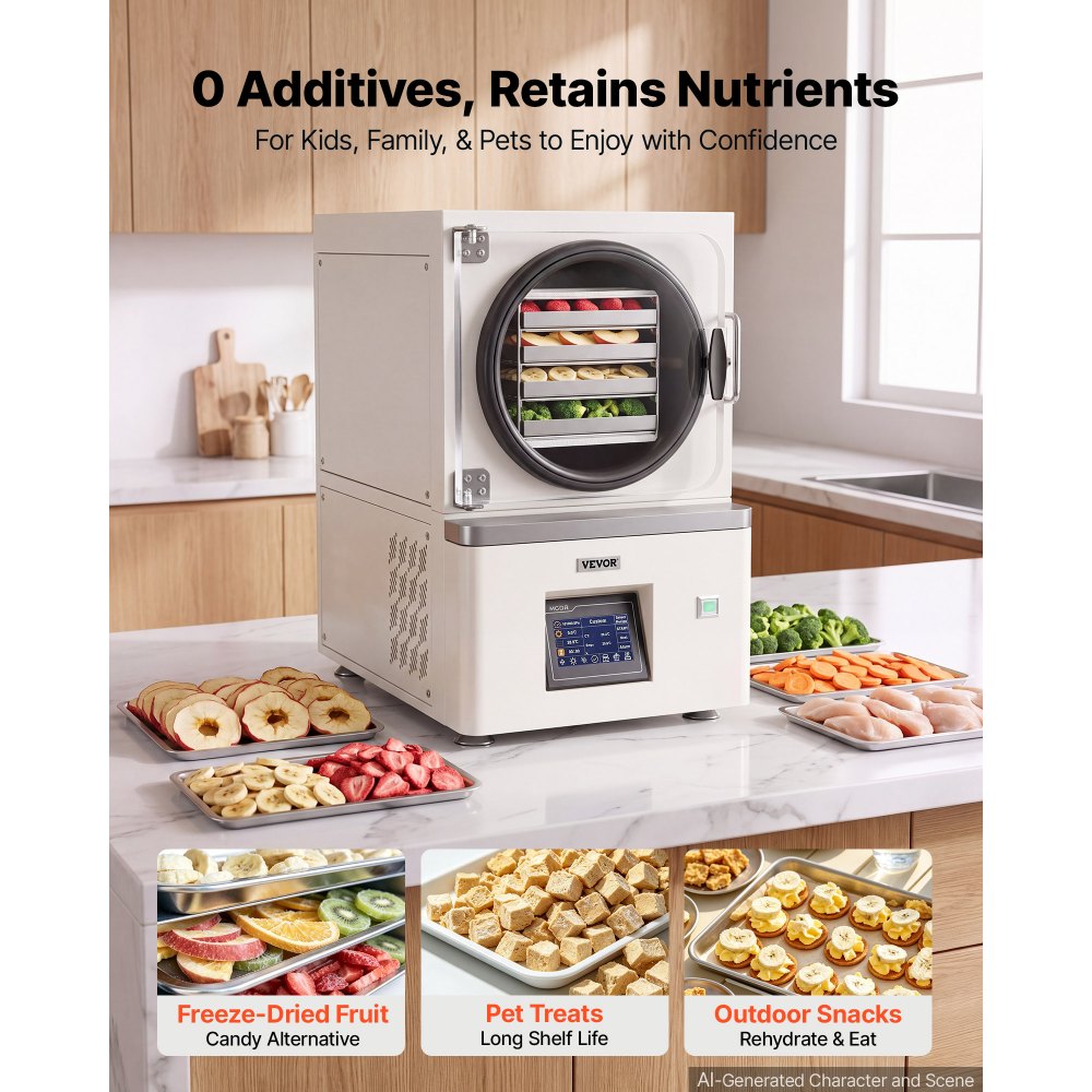 VEVOR Vacuum Freeze Dryer Machine, 2-3 kg/Batch, 4 Trays, 5 Presets for Fruit Vegetable Meat Storage, Compact Countertop Freeze Drying Equipment with LCD Touchscreen, Auto Defrost, Carbon Steel