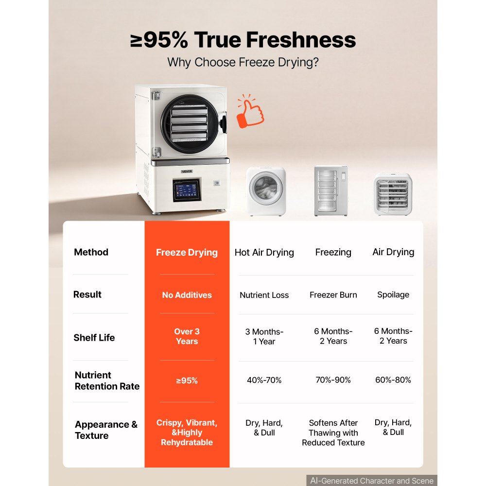VEVOR Vacuum Freeze Dryer Machine, 2-3 kg/Batch, 4 Trays, 5 Presets for Fruit Vegetable Meat Storage, Compact Countertop Freeze Drying Equipment with LCD Touchscreen, Auto Defrost, Carbon Steel