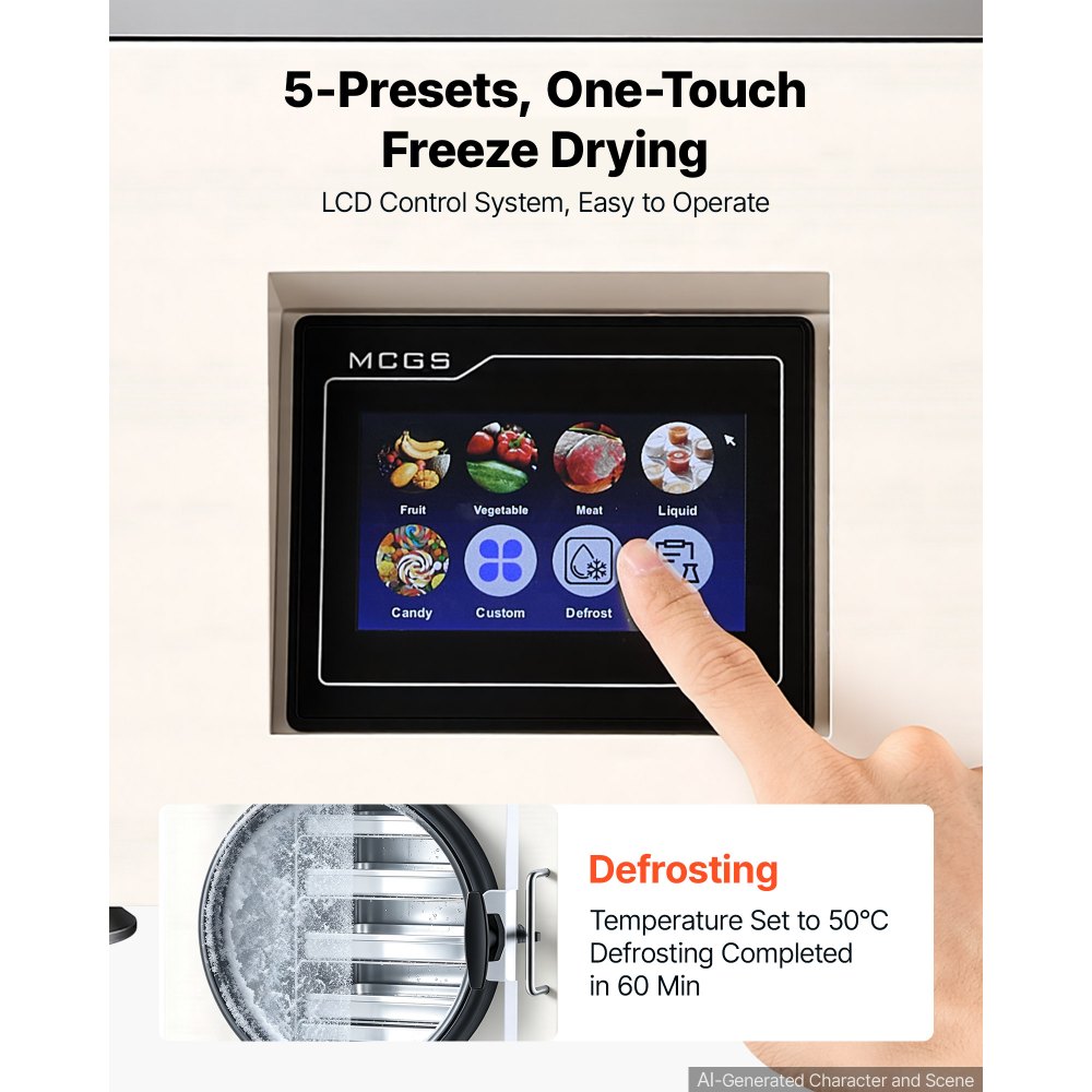 VEVOR Vacuum Freeze Dryer Machine, 2-3 kg/Batch, 4 Trays, 5 Presets for Fruit Vegetable Meat Storage, Compact Countertop Freeze Drying Equipment with LCD Touchscreen, Auto Defrost, Carbon Steel