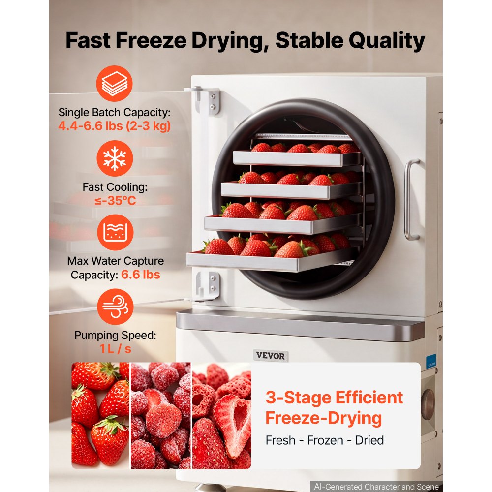 VEVOR Vacuum Freeze Dryer Machine, 2-3 kg/Batch, 4 Trays, 5 Presets for Fruit Vegetable Meat Storage, Compact Countertop Freeze Drying Equipment with LCD Touchscreen, Auto Defrost, Carbon Steel
