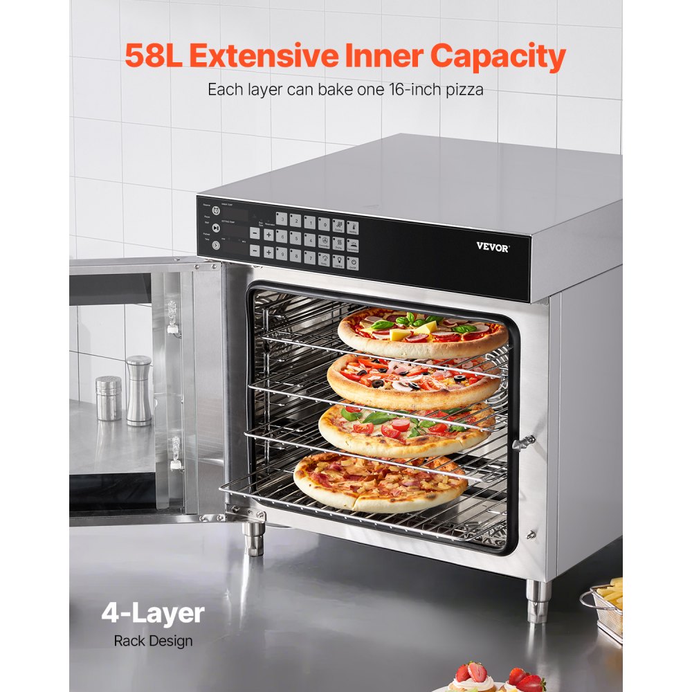 VEVOR Commercial Convection Oven, 58L Conventional Oven Countertop, 2800W 4-Tier Toaster Oven with Tempered Glass Door, Wire Racks Clip Tray Gloves, Stainless Steel Electric Baking Oven for Restaurant