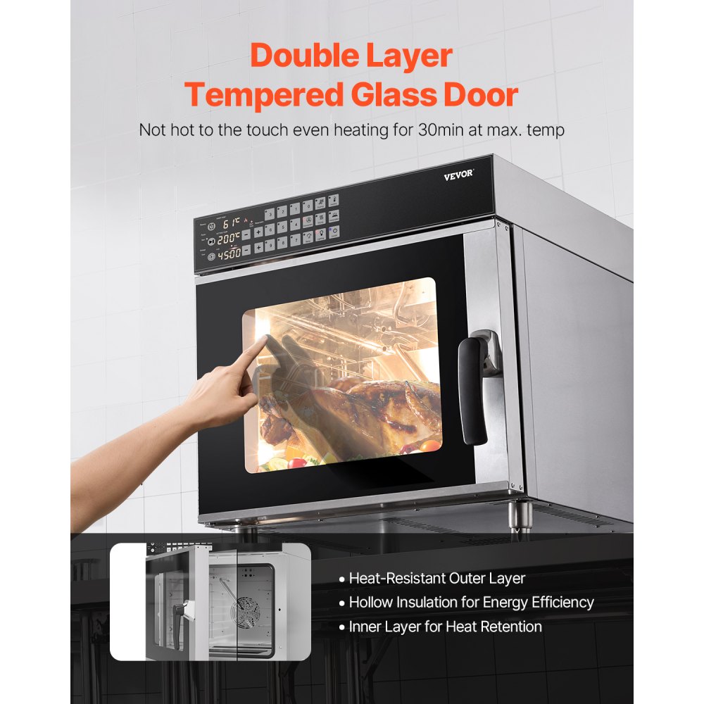 VEVOR Commercial Convection Oven, 58L Conventional Oven Countertop, 2800W 4-Tier Toaster Oven with Tempered Glass Door, Wire Racks Clip Tray Gloves, Stainless Steel Electric Baking Oven for Restaurant