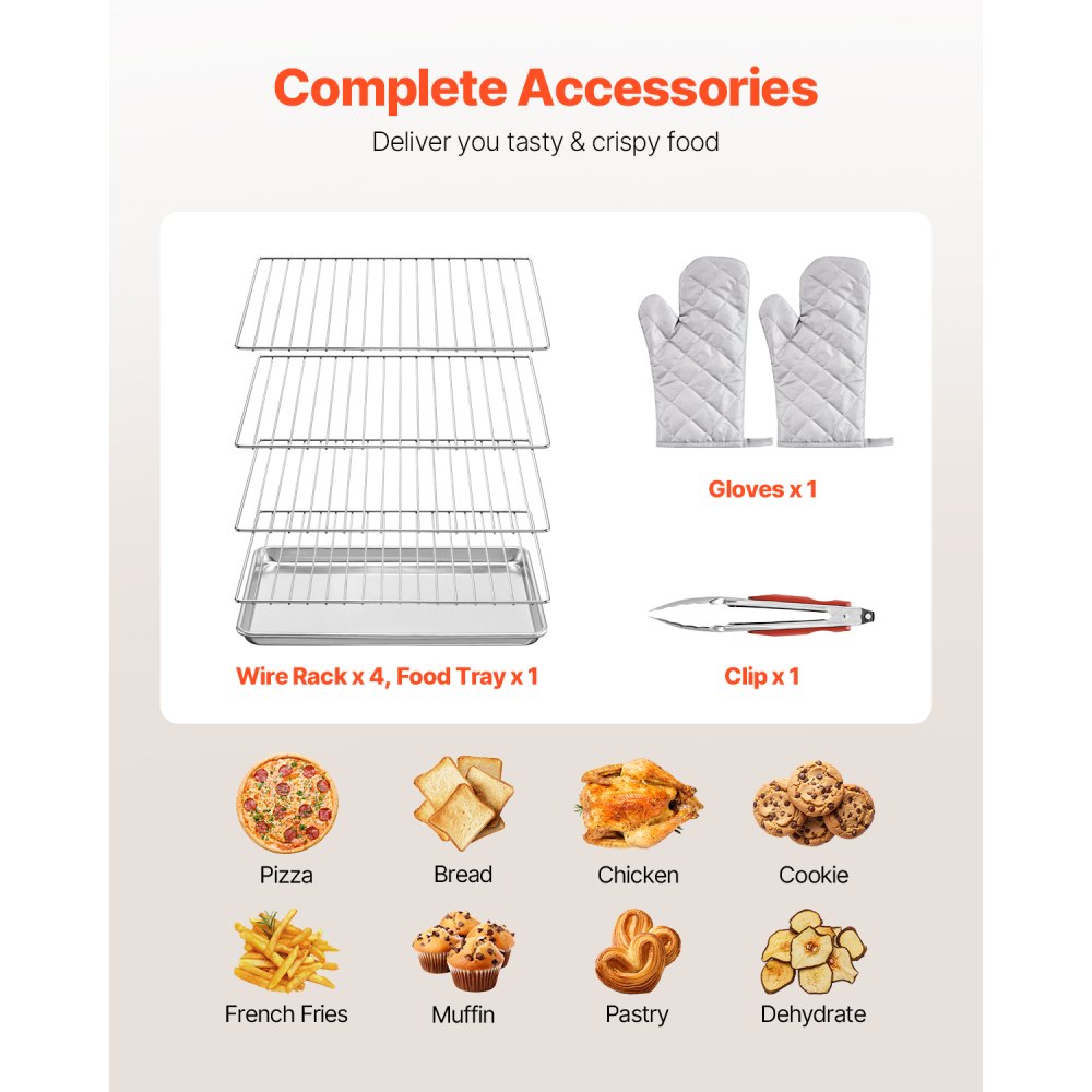 VEVOR Commercial Convection Oven, 58L Conventional Oven Countertop, 2800W 4-Tier Toaster Oven with Tempered Glass Door, Wire Racks Clip Tray Gloves, Stainless Steel Electric Baking Oven for Restaurant