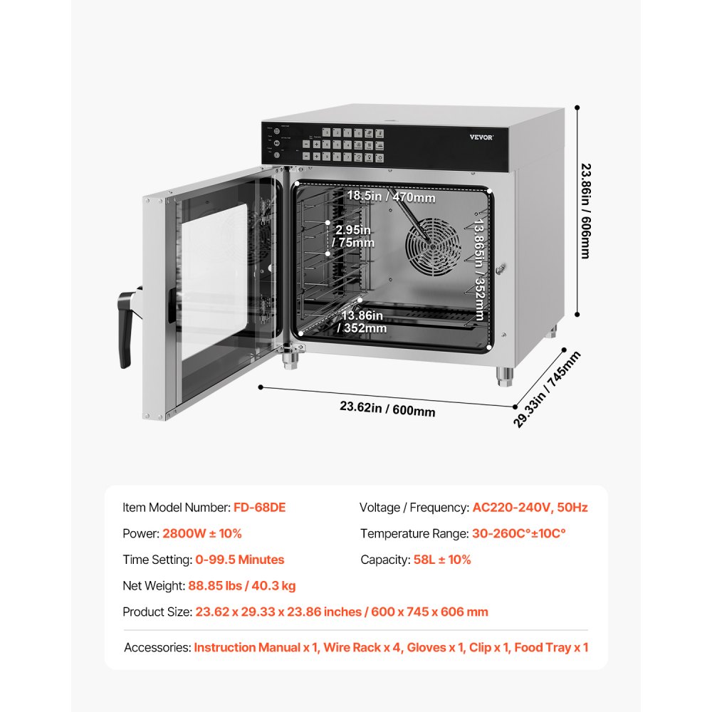VEVOR Commercial Convection Oven, 58L Conventional Oven Countertop, 2800W 4-Tier Toaster Oven with Tempered Glass Door, Wire Racks Clip Tray Gloves, Stainless Steel Electric Baking Oven for Restaurant