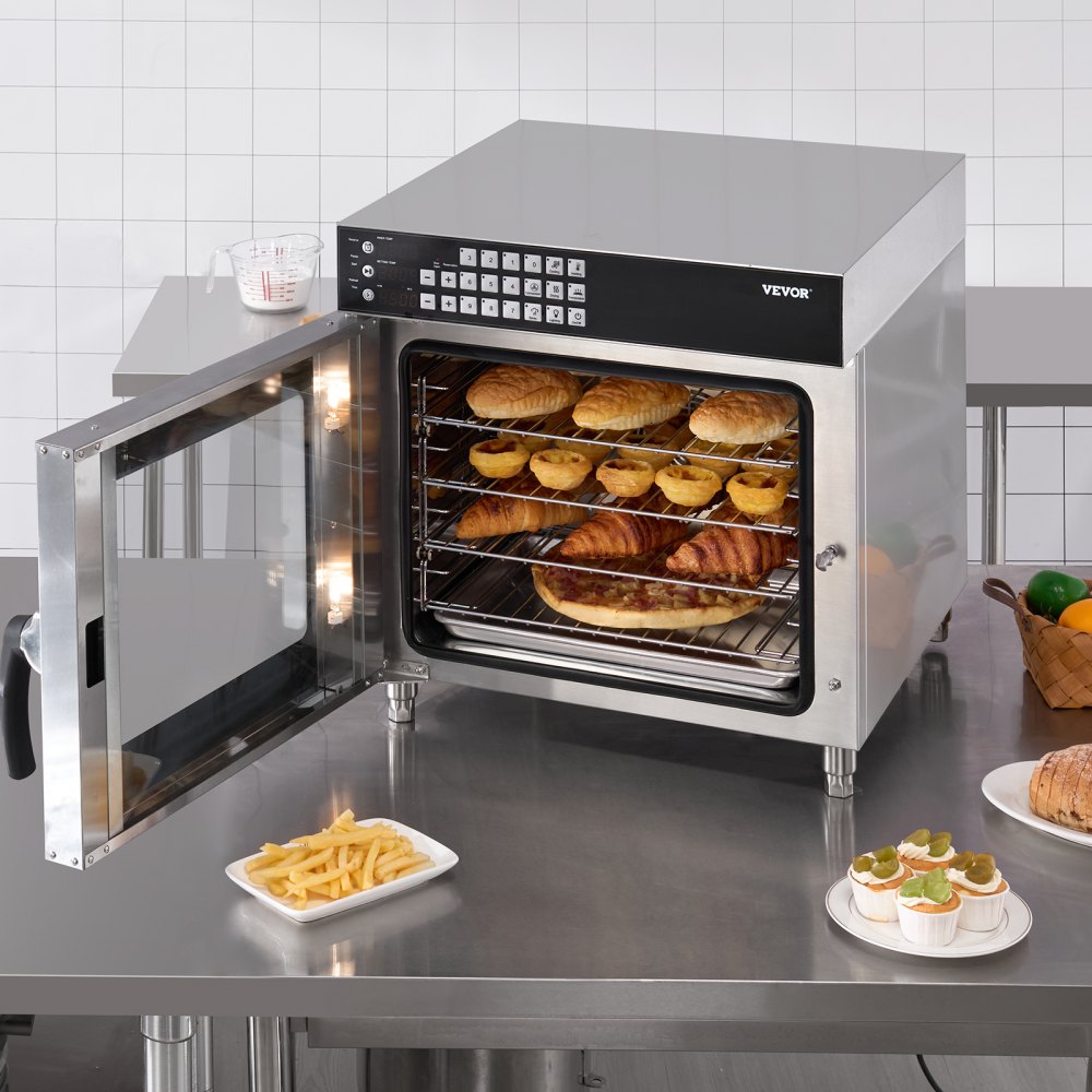 VEVOR Commercial Convection Oven, 58L Conventional Oven Countertop, 2800W 4-Tier Toaster Oven with Tempered Glass Door, Wire Racks Clip Tray Gloves, Stainless Steel Electric Baking Oven for Restaurant