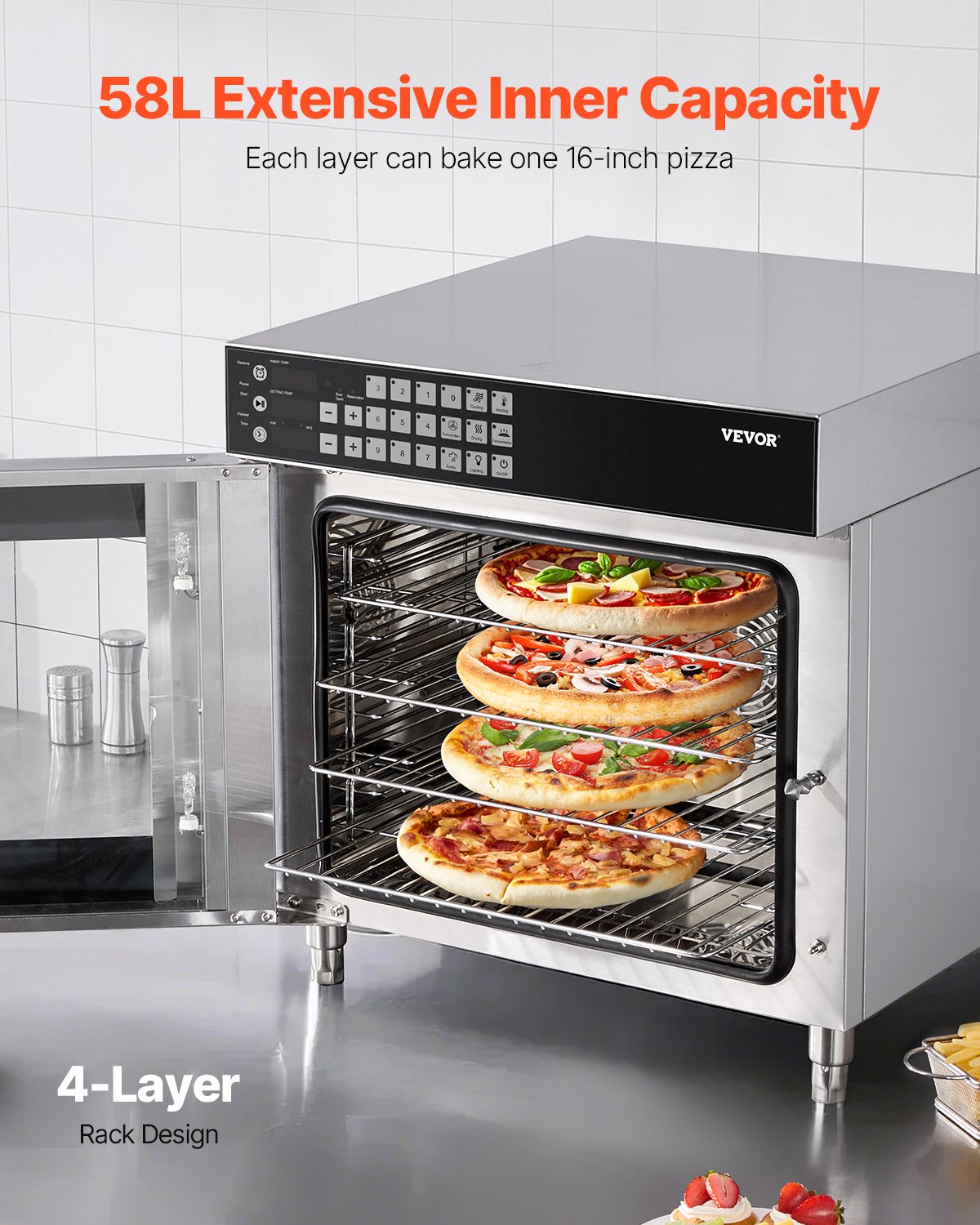 VEVOR Commercial Convection Oven, 58L Conventional Oven Countertop, 2800W 4-Tier Toaster Oven with Tempered Glass Door, Wire Racks Clip Tray Gloves, Stainless Steel Electric Baking Oven for Restaurant