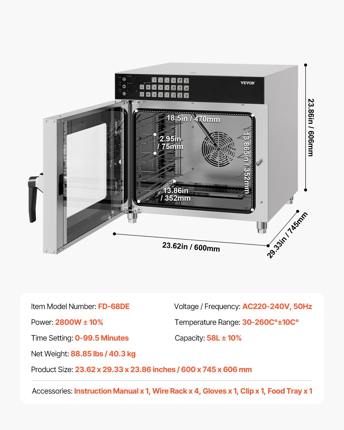 VEVOR Commercial Convection Oven, 58L Conventional Oven Countertop, 2800W 4-Tier Toaster Oven with Tempered Glass Door, Wire Racks Clip Tray Gloves, Stainless Steel Electric Baking Oven for Restaurant