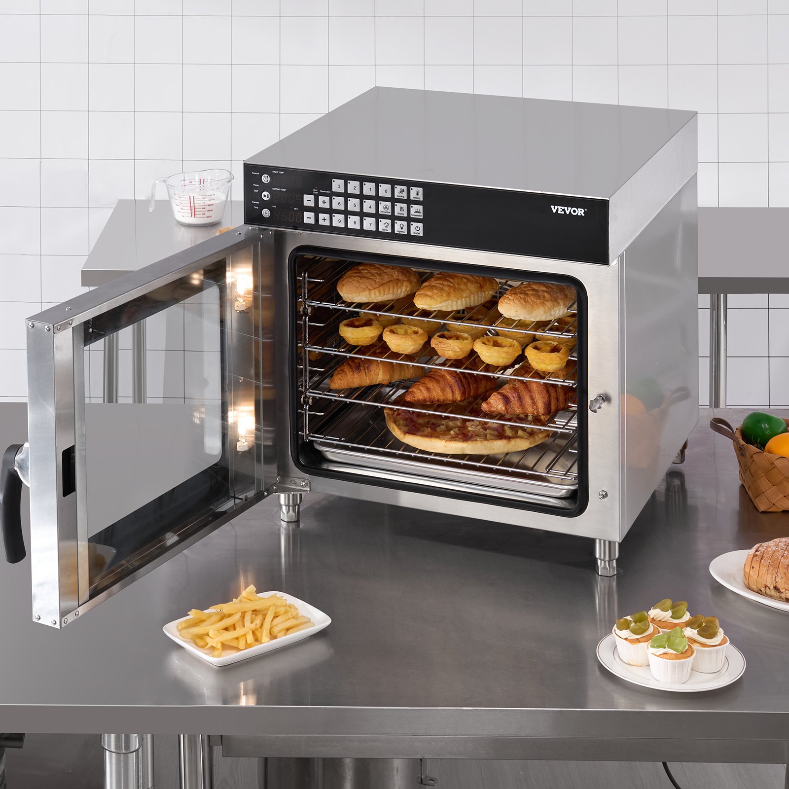 VEVOR Commercial Convection Oven, 58L Conventional Oven Countertop, 2800W 4-Tier Toaster Oven with Tempered Glass Door, Wire Racks Clip Tray Gloves, Stainless Steel Electric Baking Oven for Restaurant