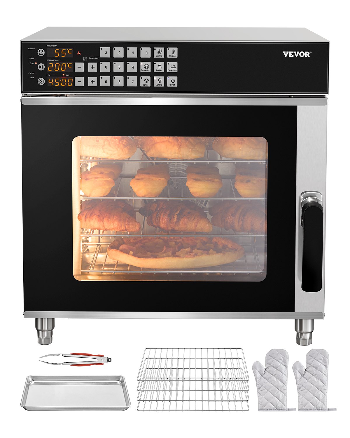 VEVOR Commercial Convection Oven, 58L Conventional Oven Countertop, 2800W 4-Tier Toaster Oven with Tempered Glass Door, Wire Racks Clip Tray Gloves, Stainless Steel Electric Baking Oven for Restaurant