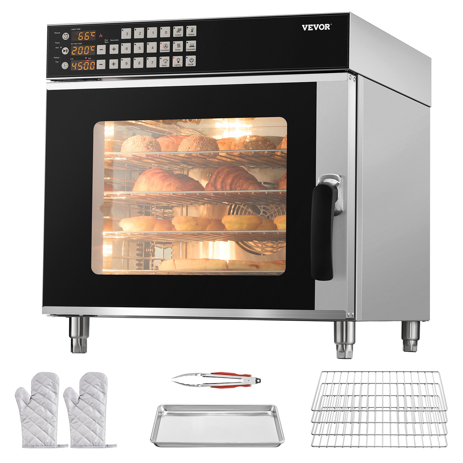 VEVOR Commercial Convection Oven, 58L Conventional Oven Countertop, 2800W 4-Tier Toaster Oven with Tempered Glass Door, Wire Racks Clip Tray Gloves, Stainless Steel Electric Baking Oven for Restaurant