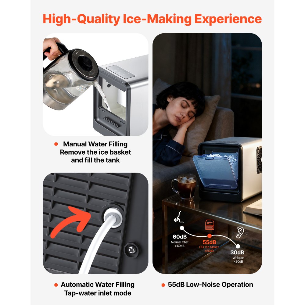 VEVOR Countertop Ice Maker, 15 kg per Day, Self-Cleaning Portable Machine with Scoop, Drawer-Style Ice Access, Nugget Ice-Making Machine with Chewable Ices for Home, Kitchen, Office, Bar & Party