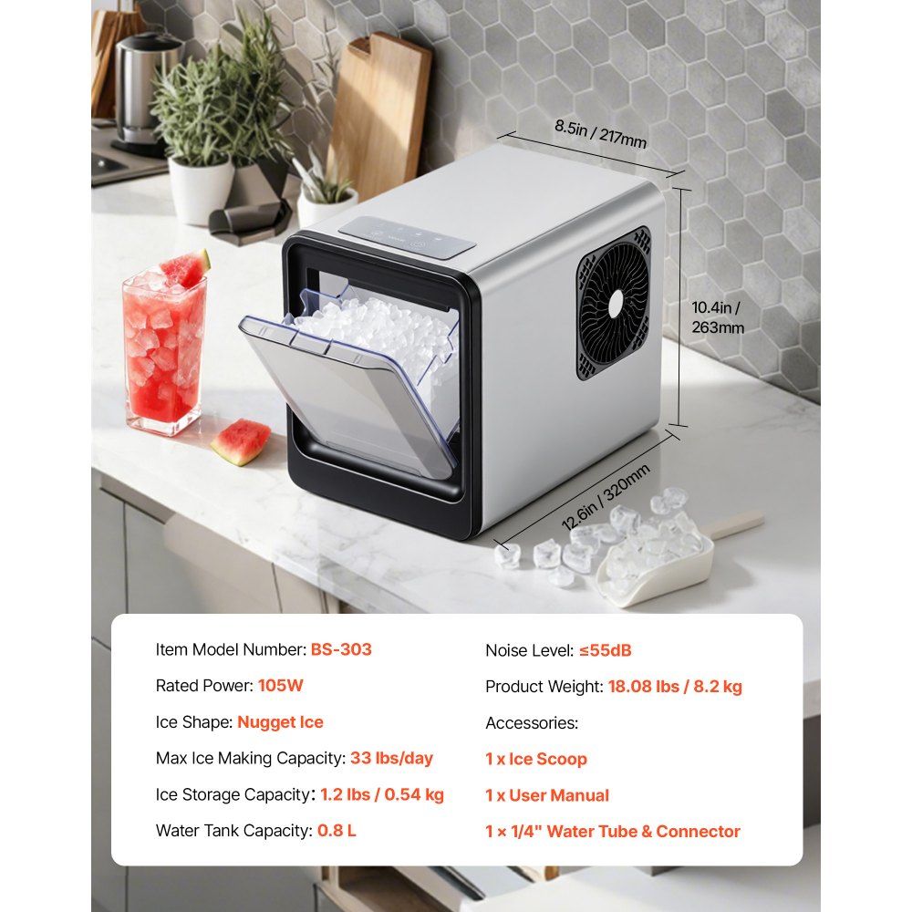 VEVOR Countertop Ice Maker, 15 kg per Day, Self-Cleaning Portable Machine with Scoop, Drawer-Style Ice Access, Nugget Ice-Making Machine with Chewable Ices for Home, Kitchen, Office, Bar & Party
