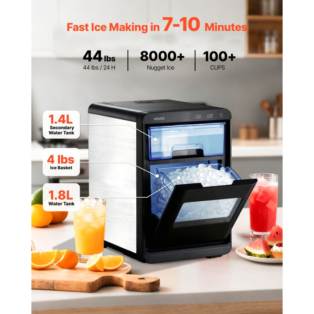 VEVOR Countertop Ice Maker, 44 lbs per Day, Self-Cleaning Portable Machine with Scoop, Drawer-Style Ice Access, Nugget Ice-Making Machine with Chewable Ices for Home, Kitchen, Office, Bar & Party