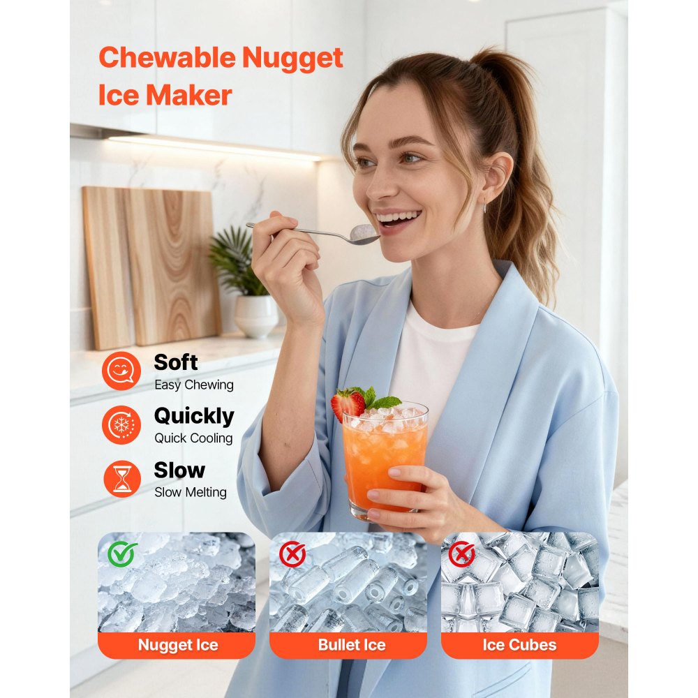 VEVOR Countertop Ice Maker, 44 lbs per Day, Self-Cleaning Portable Machine with Scoop, Drawer-Style Ice Access, Nugget Ice-Making Machine with Chewable Ices for Home, Kitchen, Office, Bar & Party