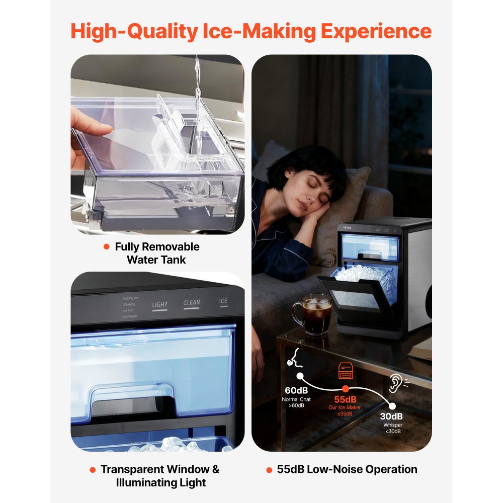VEVOR Countertop Ice Maker, 44 lbs per Day, Self-Cleaning Portable Machine with Scoop, Drawer-Style Ice Access, Nugget Ice-Making Machine with Chewable Ices for Home, Kitchen, Office, Bar & Party